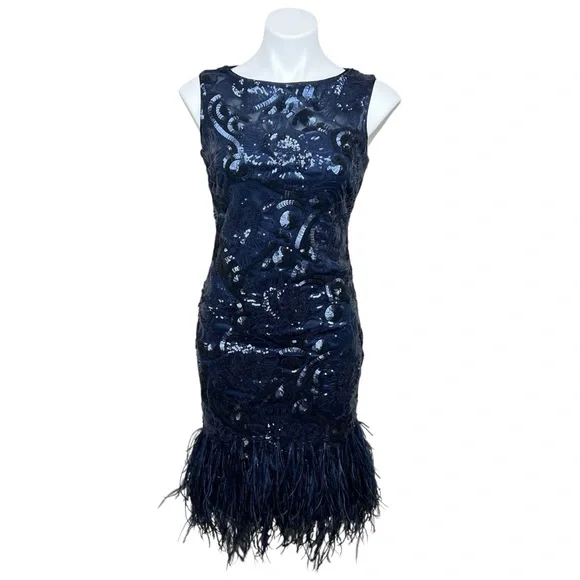 Teri Jon Feather-Trim Sequin Sheath Dress Navy Blue Sleeves 2